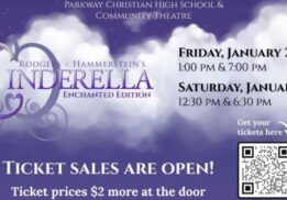 Cinderella at Parkway Christian School Enchanted Edition poster showing show dates and times for the family friendly stage production