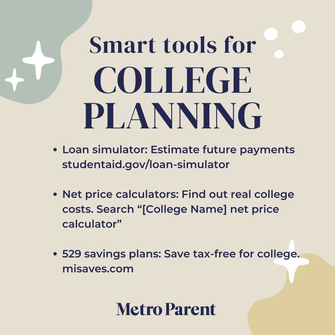 Graphic listing smart tools for college planning, including the federal loan simulator, net price calculators, and 529 savings plans, created by Metro Parent for families planning college costs.