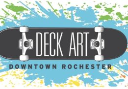 Deck Art Downtown Rochester logo featuring a skateboard design with colorful paint splashes for the annual family friendly art event