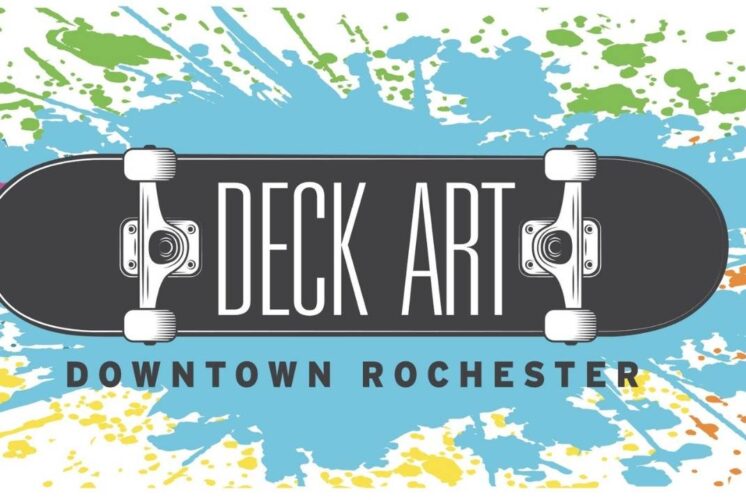 Deck Art Downtown Rochester logo featuring a skateboard design with colorful paint splashes for the annual family friendly art event