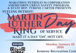 Fueling Detroit Martin Luther King Jr. Day of Service flyer promoting a free community event with food distribution, health screenings and family resources.