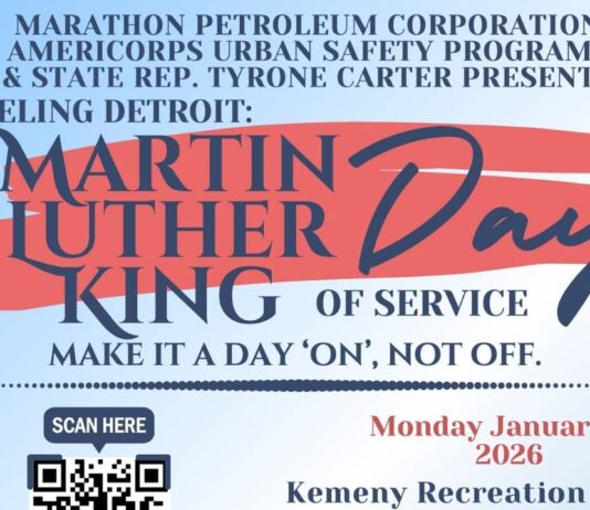 Fueling Detroit Martin Luther King Jr. Day of Service at Kemeny Recreation Center Fueling Detroit Martin Luther King Jr. Day of Service flyer promoting a free community event with food distribution, health screenings and family resources.