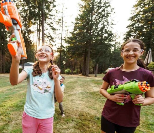 Kids playing Nerf games during Nerf Night at Jack E. Kirksey Recreation Center, a fun indoor activity for elementary and tween ages.