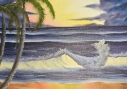 Paint Like Bob Ross Lake St. Clair example showing a completed landscape painting with ocean waves and palm trees
