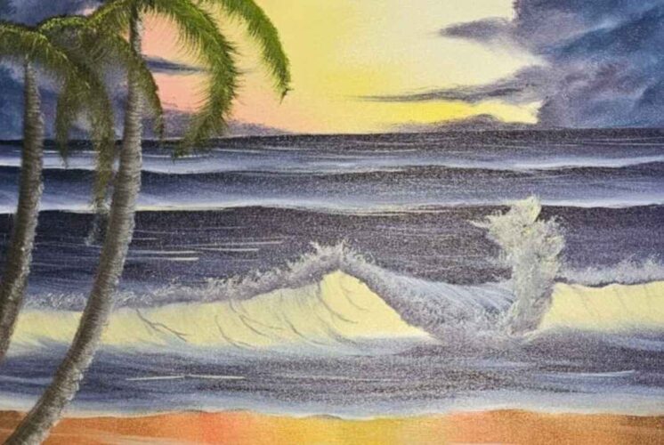 Paint Like Bob Ross Lake St. Clair example showing a completed landscape painting with ocean waves and palm trees