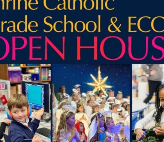 Shrine Catholic Grade School open house showing students learning, performing and exploring classrooms during a family school tour