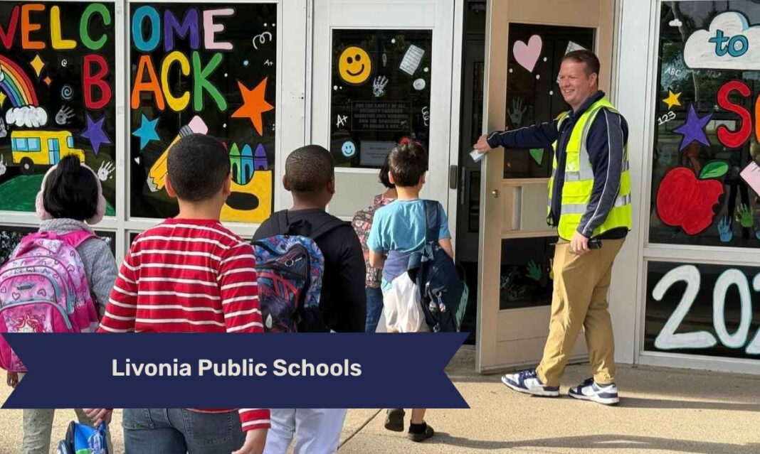 Students entering Livonia Public Schools on the first day of school as staff welcome them back outside the school entrance.