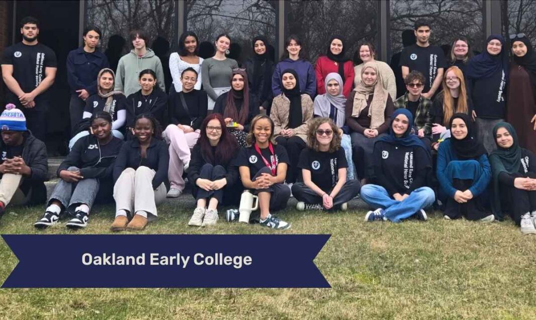 Students gather on campus at Oakland Early College in Oakland County showing a close knit school community that supports college readiness.