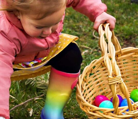 Child collecting colorful eggs during the Blake’s Lyon Twp Easter egg hunt with family friendly spring activities at the orchard