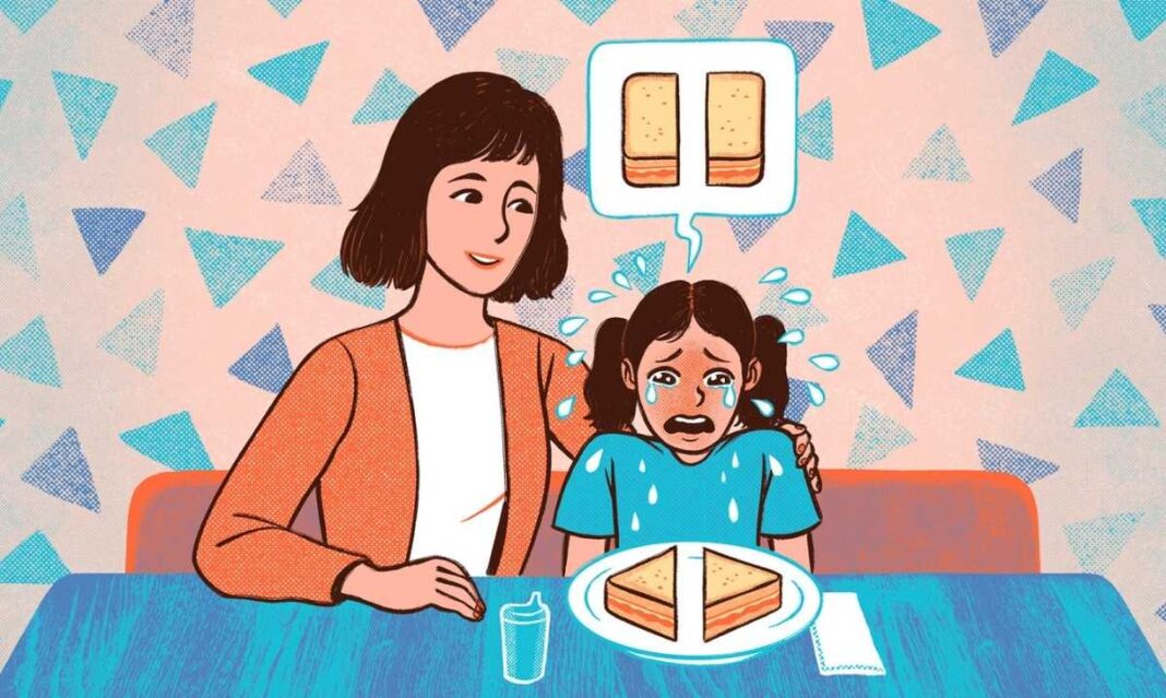 Illustration of a child crying at the table over a sandwich while a parent comforts them showing how small frustrations can trigger big meltdowns.