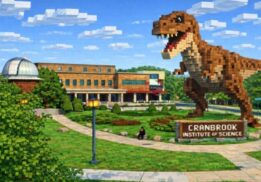 Discovery Days: Science Behind the Game Minecraft at Cranbrook Institute of Science image with a block-style dinosaur outside the museum.