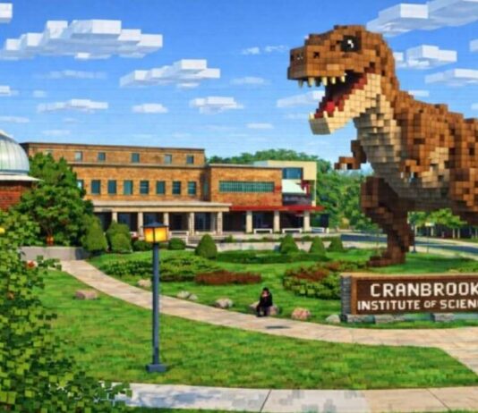 Discovery Days: Science Behind the Game Minecraft at Cranbrook Institute of Science Discovery Days: Science Behind the Game Minecraft at Cranbrook Institute of Science image with a block-style dinosaur outside the museum.