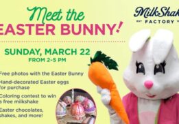 Easter Bunny Photos at MilkShake Factory Ann Arbor poster with free photos, kid activities and a coloring contest.