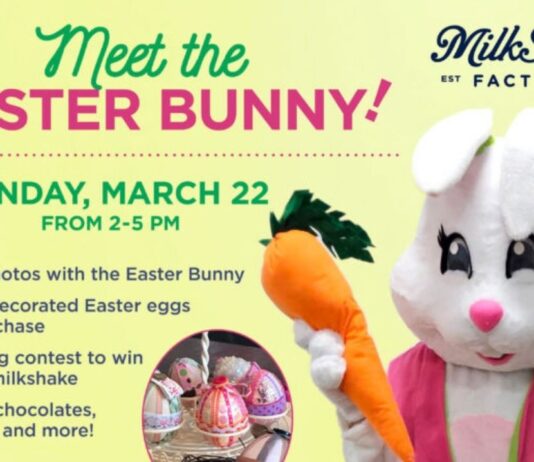 Easter Bunny Photos at MilkShake Factory Ann Arbor poster with free photos, kid activities and a coloring contest.