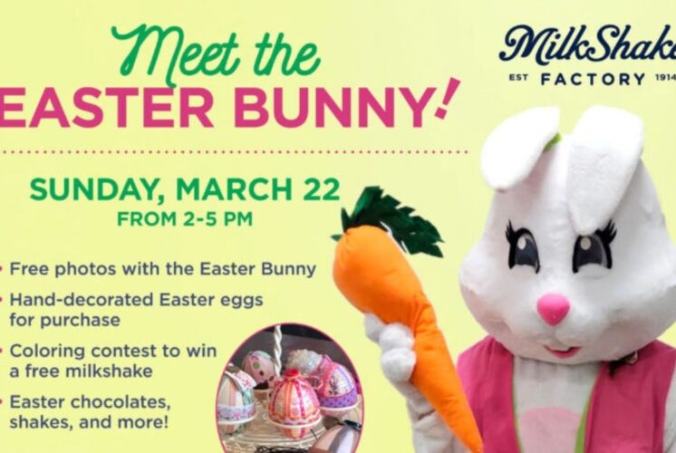 Easter Bunny Photos at MilkShake Factory Ann Arbor poster with free photos, kid activities and a coloring contest.