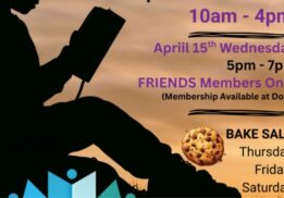 Friends Used Book Sale at Highland Public Library poster showing event dates, times, members preview and bake sale for families