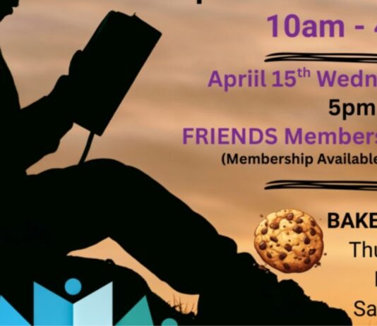 Friends Used Book Sale at Highland Public Library Friends Used Book Sale at Highland Public Library poster showing event dates, times, members preview and bake sale for families