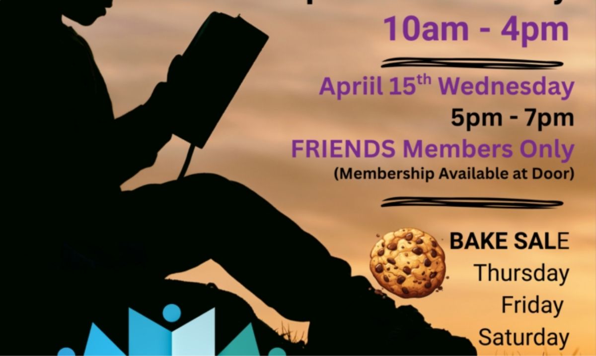 Friends Used Book Sale at Highland Public Library poster showing event dates, times, members preview and bake sale for families