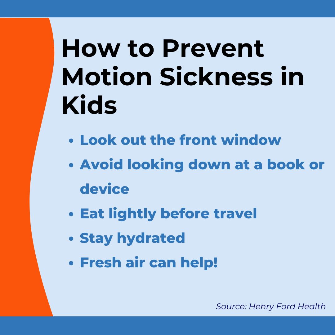 Graphic listing pediatrician-recommended tips to prevent motion sickness in kids including looking out the front window, avoiding screens, eating lightly before travel, staying hydrated and getting fresh air.