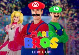Mario Bros Level Up at Fairytale Fun Place with game characters and princess during interactive kids event and photo meet and greet