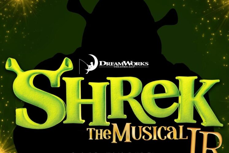 Shrek The Musical JR at Groves High School Auditorium poster featuring bright green title and playful fairy tale theme for family show