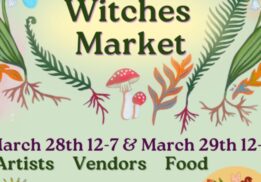 Spring Equinox Witches Market at Boston Tea Room poster with dates vendors and magical themed art for family friendly market event