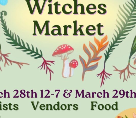 Spring Equinox Witches Market at Boston Tea Room Spring Equinox Witches Market at Boston Tea Room poster with dates vendors and magical themed art for family friendly market event