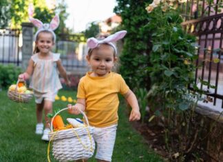Kids enjoy spring fest lunch with bunny Saline Recreation Center event while carrying Easter baskets during a fun egg hunt outdoors