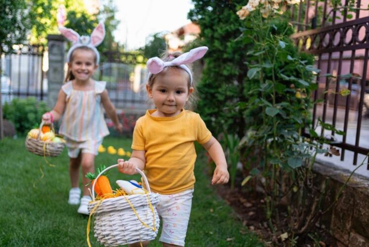 Kids enjoy spring fest lunch with bunny Saline Recreation Center event while carrying Easter baskets during a fun egg hunt outdoors