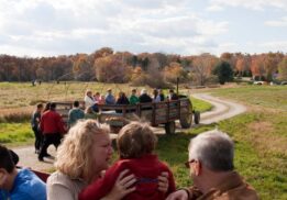 Families enjoy a wagon ride during Weekend Hayrides at Kensington Metropark Farm Center exploring scenic woods and fields together