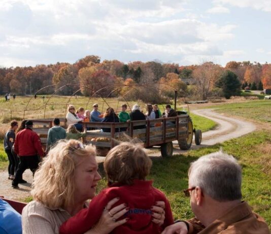 Weekend Hayrides at Kensington Metropark Farm Center Families enjoy a wagon ride during Weekend Hayrides at Kensington Metropark Farm Center exploring scenic woods and fields together