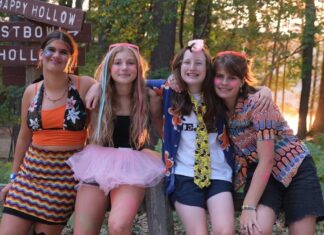 Girls at YMCA Camp Arbutus Hayo-Went-Ha pose with friends during evening program near Arbutus Lake in Traverse City Michigan