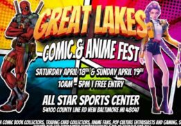 Great Lakes Comic and Anime Fest at All Star Sports Center poster with cosplay characters promoting family friendly event with games and contests