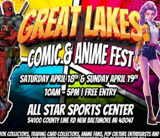 Great Lakes Comic and Anime Fest at All Star Sports Center poster with cosplay characters promoting family friendly event with games and contests
