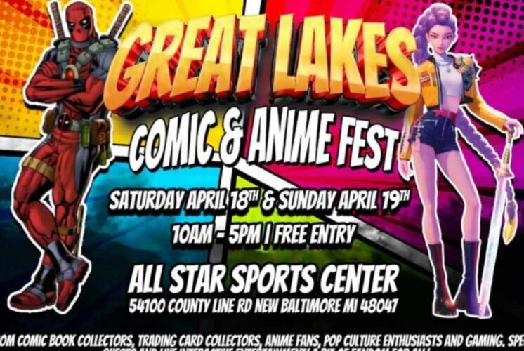 Great Lakes Comic and Anime Fest at All Star Sports Center poster with cosplay characters promoting family friendly event with games and contests