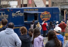 Harry Potter Butterbeer Truck Rochester Hills event with families lined up at the Village enjoying free samples and kid friendly fun