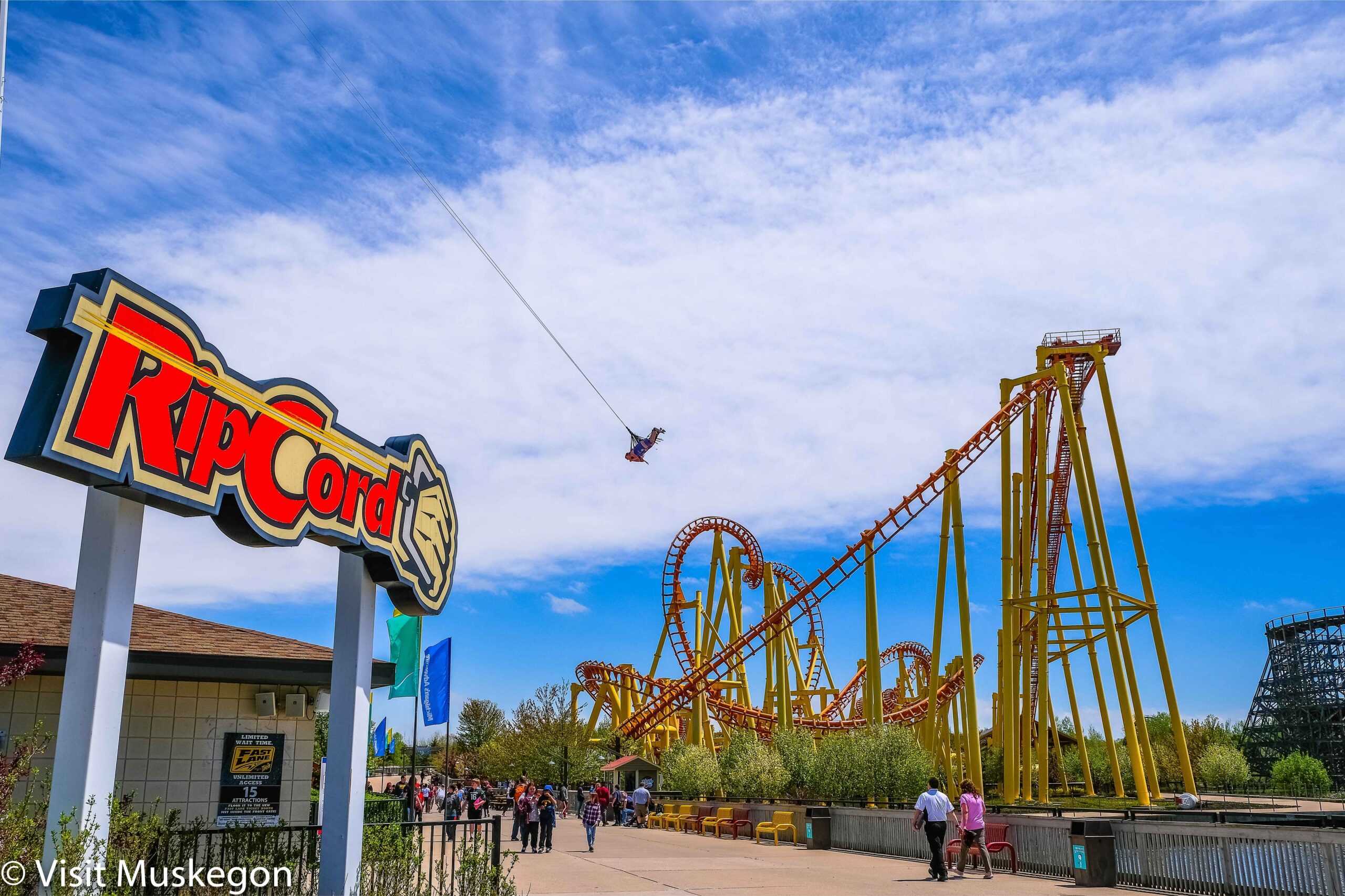Michigan’s Adventure amusement park in Muskegon featuring RipCord ride and roller coasters, a top spring attraction for families visiting the area