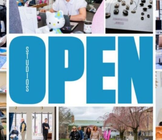 Open Studios at Cranbrook Academy of Art collage showing artists at work and campus scenes during family friendly open house event