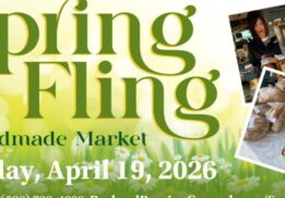 Spring Fling Handmade Market at Packard Proving Grounds poster showing handmade goods and local vendors for family friendly event