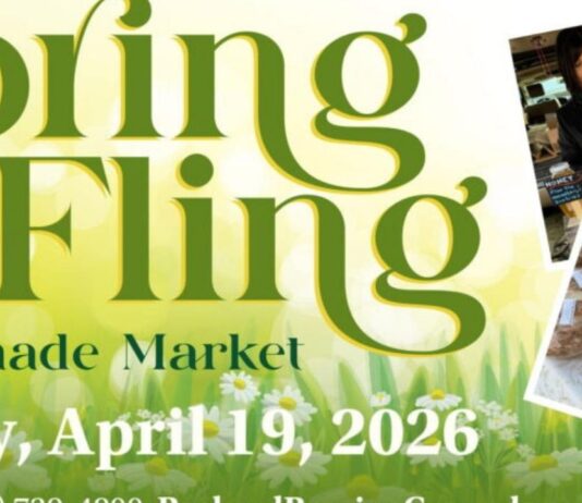 Spring Fling Handmade Market at Packard Proving Grounds poster showing handmade goods and local vendors for family friendly event
