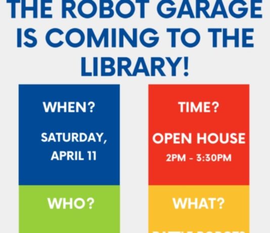 The Robot Garage at Franklin Public Library open house with kids building LEGO and battling robots at a family friendly STEM event