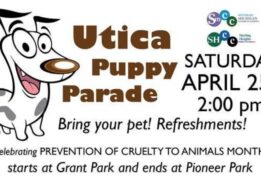 Utica Puppy Parade at Grant Park with cartoon dog graphic and event details for a family friendly pet parade with kids activities