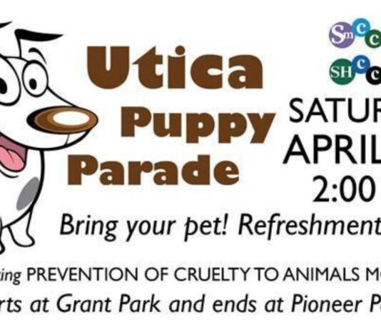 Utica Puppy Parade at Grant Park with cartoon dog graphic and event details for a family friendly pet parade with kids activities