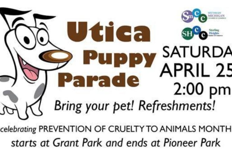 Utica Puppy Parade at Grant Park with cartoon dog graphic and event details for a family friendly pet parade with kids activities